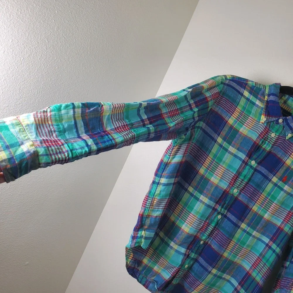Ralph Lauren Multicolor Plaid Slub Linen Button Down Shirt Blue Green Youth Lg